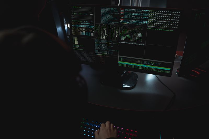 Dark room with code on monitors
